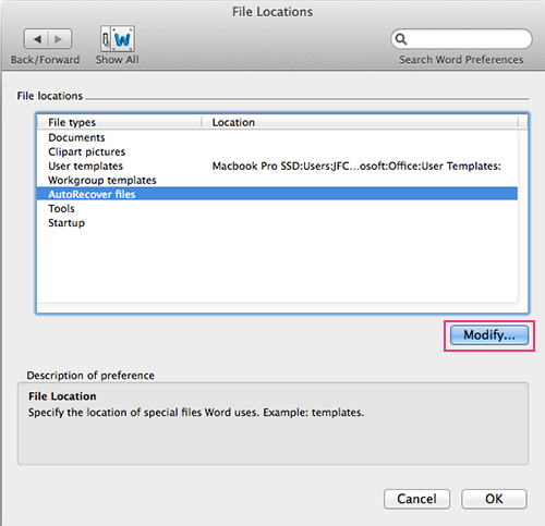 change the default file location in excel for mac